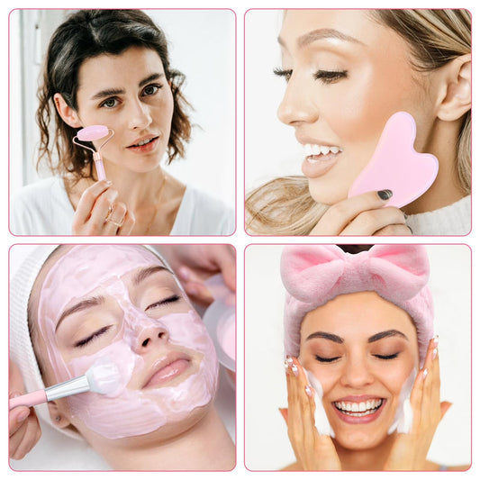 SPOKKI Rose Quartz Face Roller Gua Sha Set, Pink Jade Roller for Women, Gua Sha Stone Massage Tool for Skincare, Facial, Neck and Body Muscle Relaxing