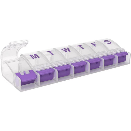 Ezy Dose Push Button (7-Day) Pill, Medicine, Vitamin Organizer Box, Weekly, Daily Planner, Arthritis Friendly, Medium, Assorted Colors