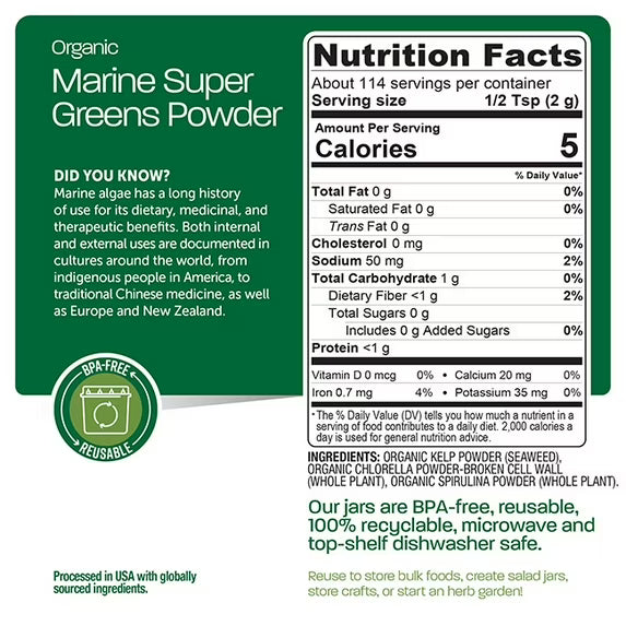 BareOrganics Organic Marine Super Greens Powder, 8 oz