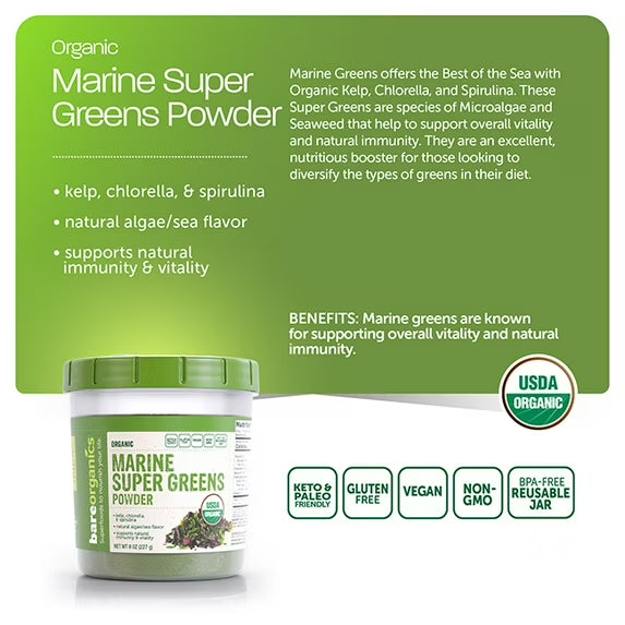 BareOrganics Organic Marine Super Greens Powder, 8 oz