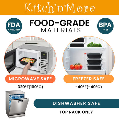 Kitch’nMore 38oz Meal Prep Containers, Extra Large & Thick Food Storage Containers with Lids, Reusable Plastic, Disposable Bento Box, Stackable, Microwave/Freezer/Dishwasher Safe, BPA Free (30 Pack)