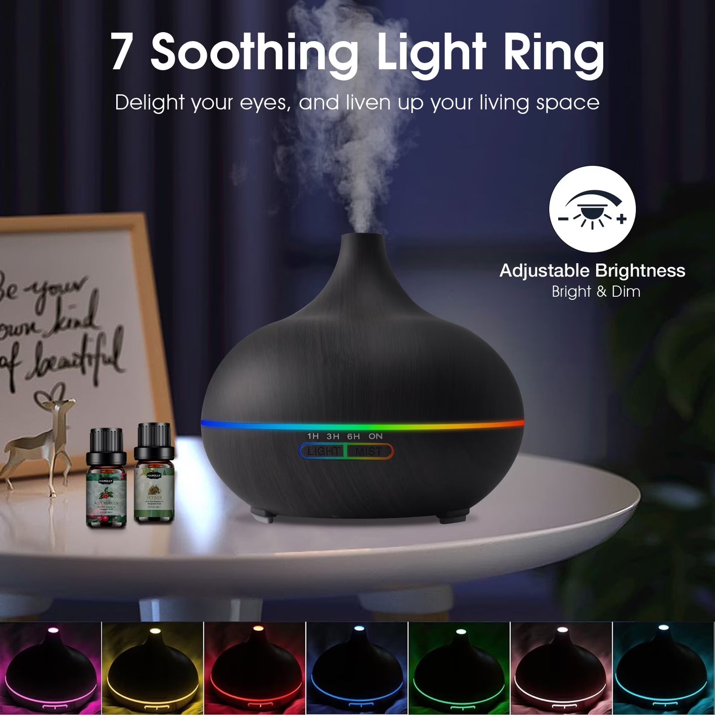 Aeshory Ultrasonic Series Wood Grain Essential Oil Diffuser Cool Mist Humidifier, Black with Remote, 550ml / 18.6oz