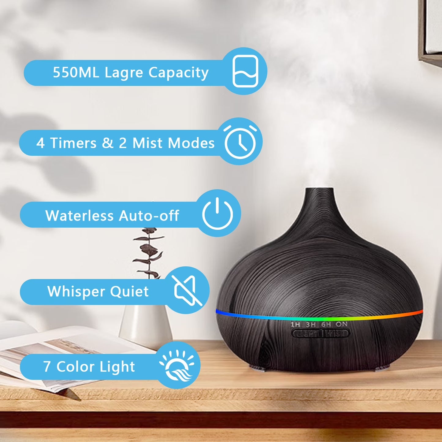 Aeshory Ultrasonic Series Wood Grain Essential Oil Diffuser Cool Mist Humidifier, Black with Remote, 550ml / 18.6oz