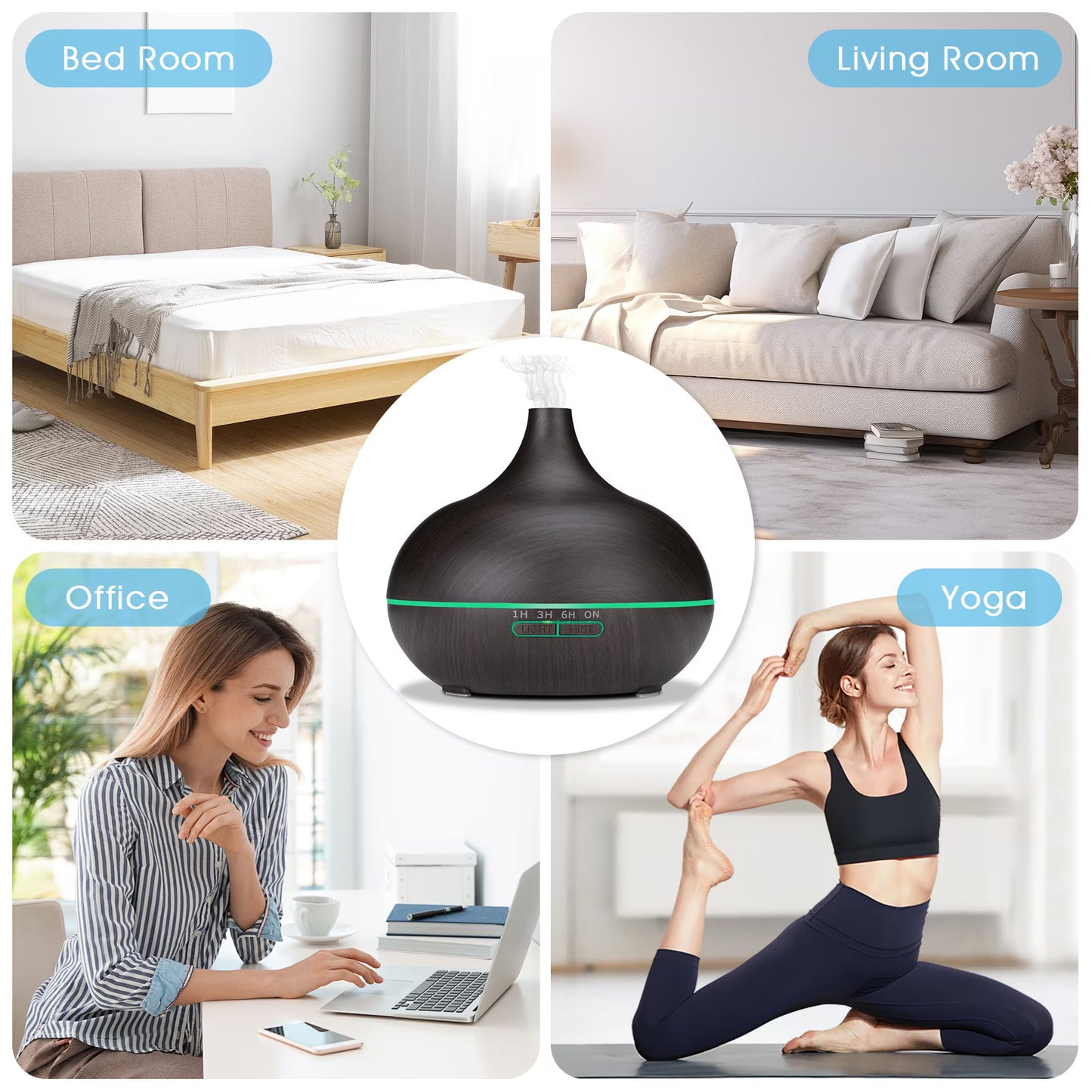 Aeshory Ultrasonic Series Wood Grain Essential Oil Diffuser Cool Mist Humidifier, Black with Remote, 550ml / 18.6oz