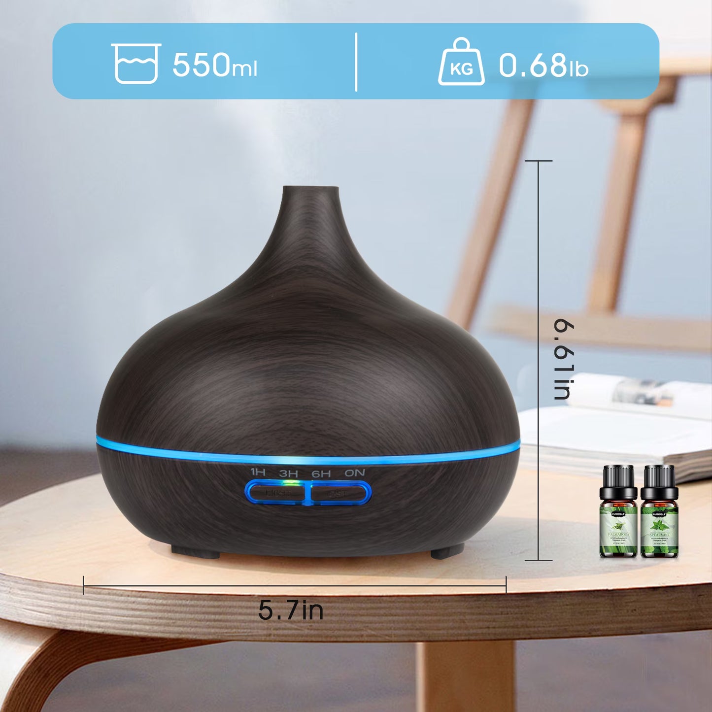 Aeshory Ultrasonic Series Wood Grain Essential Oil Diffuser Cool Mist Humidifier, Black with Remote, 550ml / 18.6oz