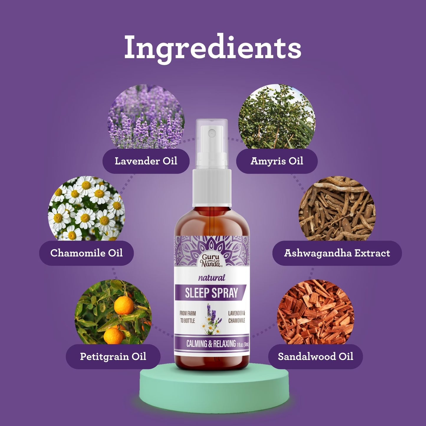GuruNanda Natural Sleep Spray - Blend of Lavender & Chamomile Essential Oils for Restful Sleep, 1 fl oz