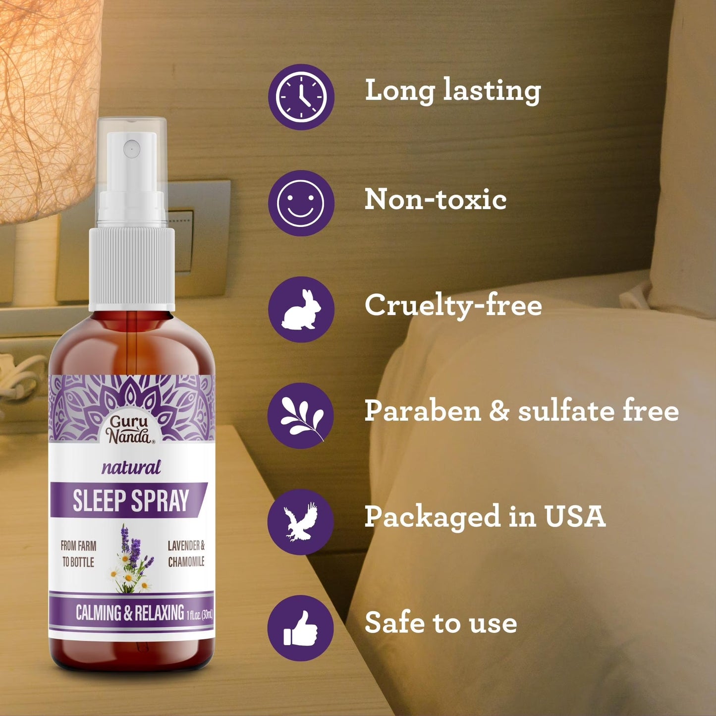 GuruNanda Natural Sleep Spray - Blend of Lavender & Chamomile Essential Oils for Restful Sleep, 1 fl oz