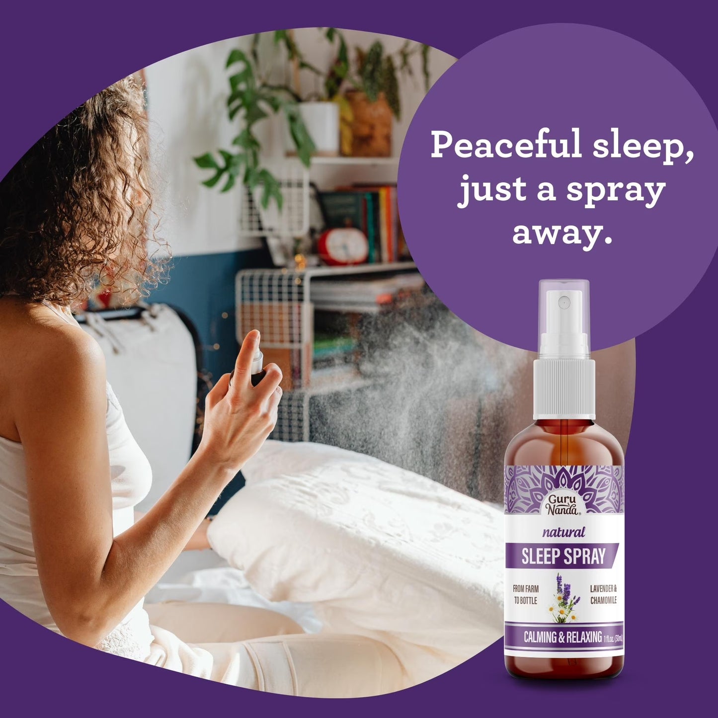 GuruNanda Natural Sleep Spray - Blend of Lavender & Chamomile Essential Oils for Restful Sleep, 1 fl oz