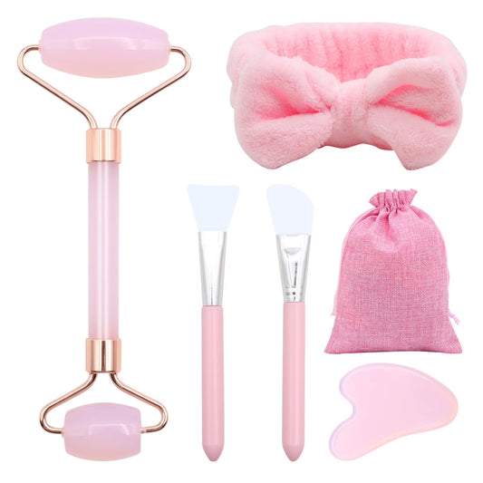 SPOKKI Rose Quartz Face Roller Gua Sha Set, Pink Jade Roller for Women, Gua Sha Stone Massage Tool for Skincare, Facial, Neck and Body Muscle Relaxing