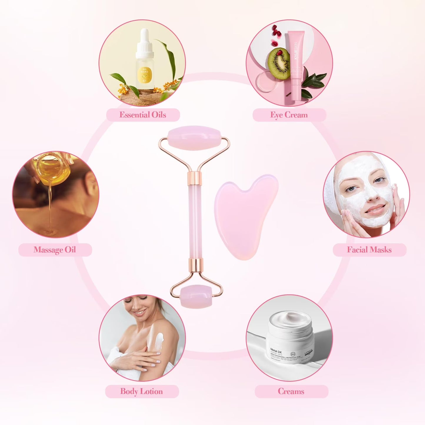 SPOKKI Rose Quartz Face Roller Gua Sha Set, Pink Jade Roller for Women, Gua Sha Stone Massage Tool for Skincare, Facial, Neck and Body Muscle Relaxing