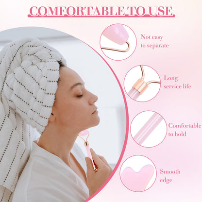 SPOKKI Rose Quartz Face Roller Gua Sha Set, Pink Jade Roller for Women, Gua Sha Stone Massage Tool for Skincare, Facial, Neck and Body Muscle Relaxing