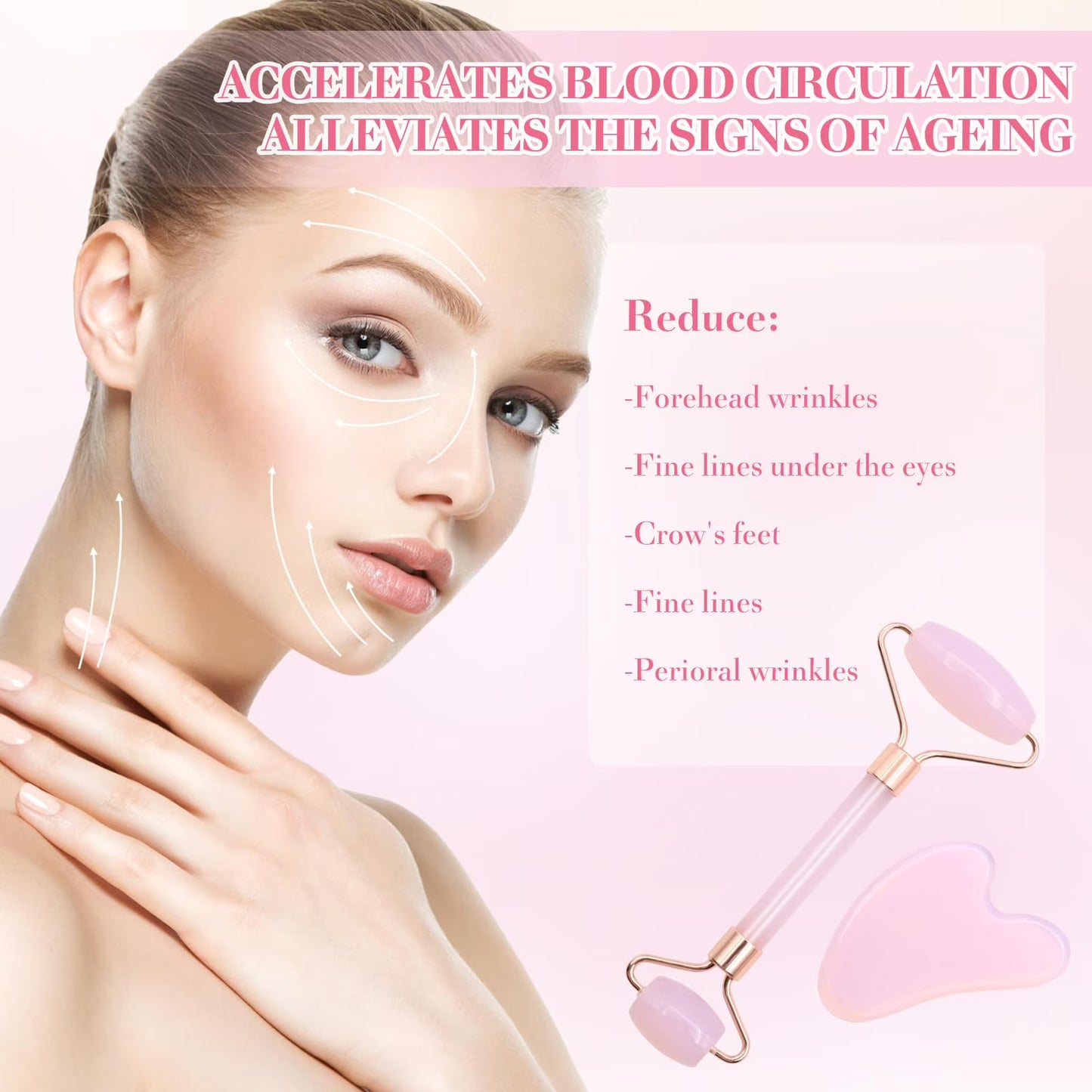 SPOKKI Rose Quartz Face Roller Gua Sha Set, Pink Jade Roller for Women, Gua Sha Stone Massage Tool for Skincare, Facial, Neck and Body Muscle Relaxing