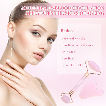 SPOKKI Rose Quartz Face Roller Gua Sha Set, Pink Jade Roller for Women, Gua Sha Stone Massage Tool for Skincare, Facial, Neck and Body Muscle Relaxing