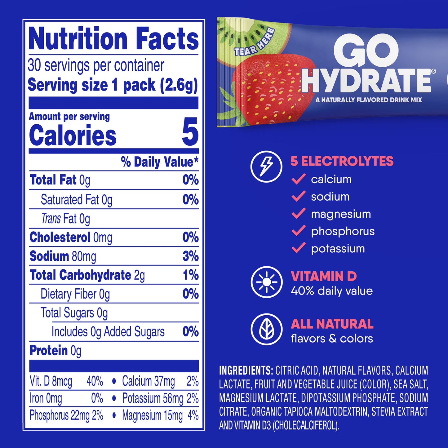 Electrolyte Hydration Drink Mix with Vitamin D, Non GMO Electrolyte Powder Hydration Pack, Kiwi Strawberry, 30 Hydration Powder Packets - GoHydrate