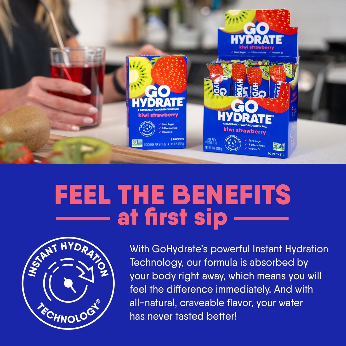 Electrolyte Hydration Drink Mix with Vitamin D, Non GMO Electrolyte Powder Hydration Pack, Kiwi Strawberry, 30 Hydration Powder Packets - GoHydrate